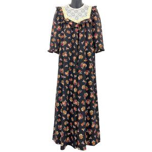 Naturally Petite Women Dress Large Vintage Muumuu Lace Floral Muumuu Black EUC
